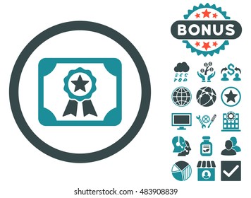Certificate icon with bonus design elements. Vector illustration style is flat iconic bicolor symbols, soft blue colors, white background.