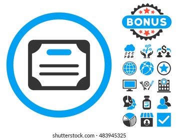 Certificate icon with bonus design elements. Vector illustration style is flat iconic bicolor symbols, blue and gray colors, white background.