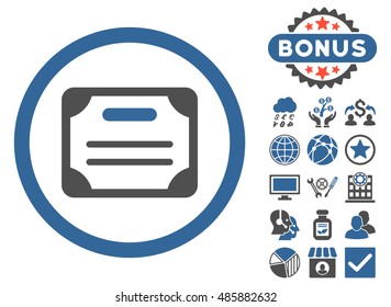 Certificate icon with bonus images. Vector illustration style is flat iconic bicolor symbols, cobalt and gray colors, white background.