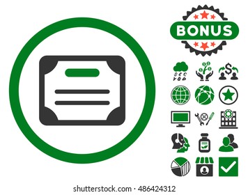 Certificate icon with bonus images. Vector illustration style is flat iconic bicolor symbols, green and gray colors, white background.