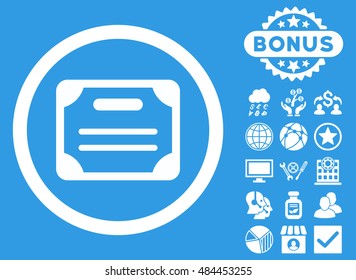 Certificate icon with bonus pictogram. Vector illustration style is flat iconic symbols, white color, blue background.