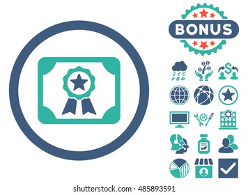 Certificate icon with bonus pictogram. Vector illustration style is flat iconic bicolor symbols, cobalt and cyan colors, white background.