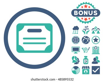 Certificate icon with bonus pictogram. Vector illustration style is flat iconic bicolor symbols, cobalt and cyan colors, white background.