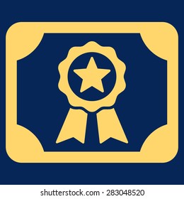Certificate icon from Business Bicolor Set. Vector style: flat symbol, yellow color, rounded angles, blue background.