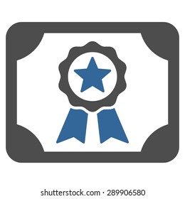 Certificate icon from Business Bicolor Set. Vector style: bicolor flat symbol, cobalt and gray colors, rounded angles, white background.
