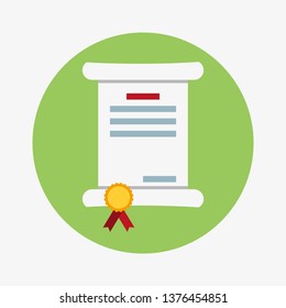 Certificate icon, certified medal, achievement, page scroll. Flat design, vector illustration.