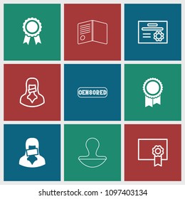 Certificate icon. collection of 9 certificate filled and outline icons such as censored woman, diploma, medal, ribbon, censored. editable certificate icons for web and mobile.