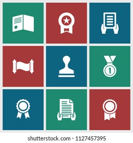 Certificate icon. collection of 9 certificate filled icons such as holding document, stamp, medal, manuscript, diploma. editable certificate icons for web and mobile.