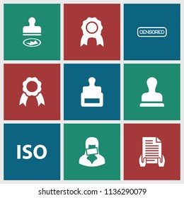 Certificate icon. collection of 9 certificate filled icons such as stamp, medal, censored woman, ribbon, iso, holding document. editable certificate icons for web and mobile.