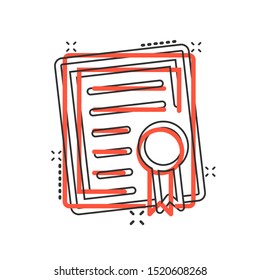 Certificate icon in comic style. License badge vector cartoon illustration on white isolated background. Winner medal splash effect business concept.