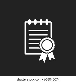 Certificate icon. Diploma symbol. Flat vector illustration on black background.