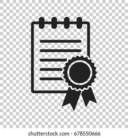 Certificate icon. Diploma symbol. Flat vector illustration on isolated background.