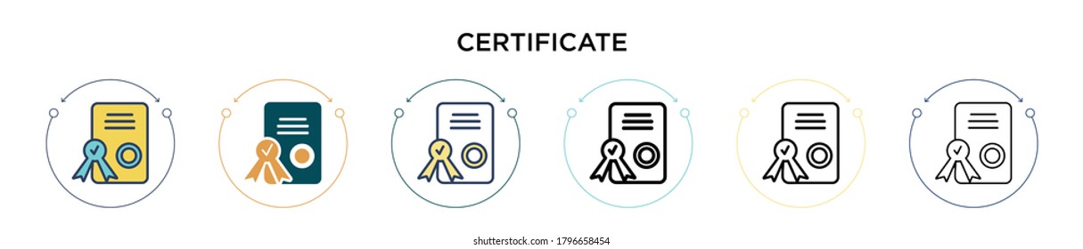 Certificate icon in filled, thin line, outline and stroke style. Vector illustration of two colored and black certificate vector icons designs can be used for mobile, ui, web