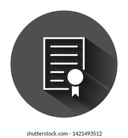 Certificate icon in flat style. License badge vector illustration on black round background with long shadow. Winner medal business concept.