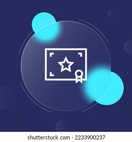 Certificate icon. Gift, prize, star, blogger, victory, surprise. Certificate concept. Glassmorphism style. Vector line icon for business.