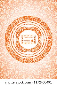 certificate icon inside abstract emblem, orange mosaic background