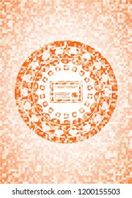 certificate icon inside abstract emblem, orange mosaic background