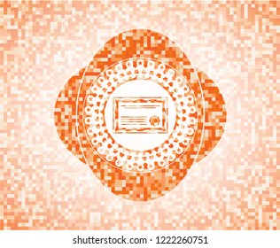 certificate icon inside abstract emblem, orange mosaic background
