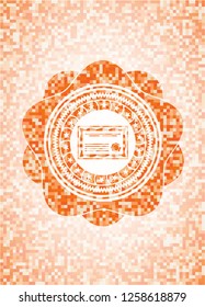 certificate icon inside abstract emblem, orange mosaic background