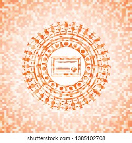 certificate icon inside abstract emblem, orange mosaic background