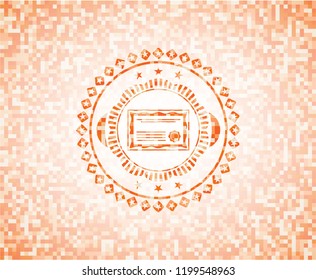 certificate icon inside abstract orange mosaic emblem