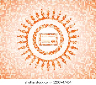 certificate icon inside abstract orange mosaic emblem with background