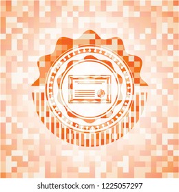 certificate icon inside abstract orange mosaic emblem with background