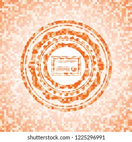 certificate icon inside abstract orange mosaic emblem