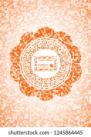 certificate icon inside abstract orange mosaic emblem with background