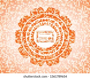 certificate icon inside abstract orange mosaic emblem