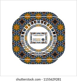 certificate icon inside arabesque badge background. arabic decoration.