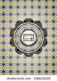 certificate icon inside arabesque badge background. arabic decoration.