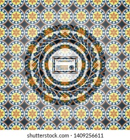 certificate icon inside arabesque badge background. arabic decoration.