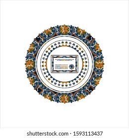 certificate icon inside arabesque badge background. arabic decoration.
