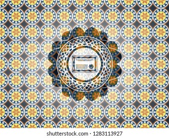 certificate icon inside arabic emblem. Arabesque decoration.