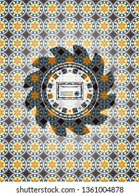 certificate icon inside arabic emblem background. Arabesque decoration.