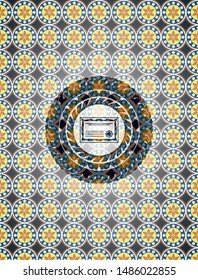 certificate icon inside arabic emblem background. Arabesque decoration.