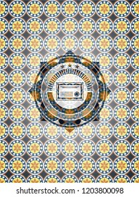 certificate icon inside arabic style emblem. Arabesque decoration.