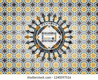 certificate icon inside arabic style badge. Arabesque decoration.