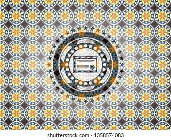 certificate icon inside arabic style badge. Arabesque decoration.