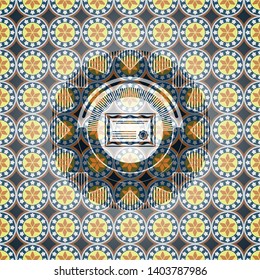 certificate icon inside arabic style emblem. Arabesque decoration.
