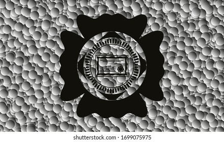 certificate icon inside black badge with grey bubbles background. Vector Illustration. Detailed.