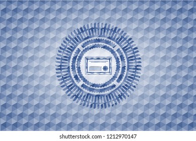 certificate icon inside blue badge with geometric background.