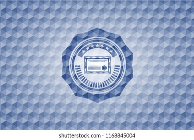 certificate icon inside blue emblem with geometric pattern background.