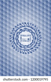 certificate icon inside blue emblem or badge with abstract geometric pattern background.