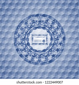 certificate icon inside blue emblem with geometric background.