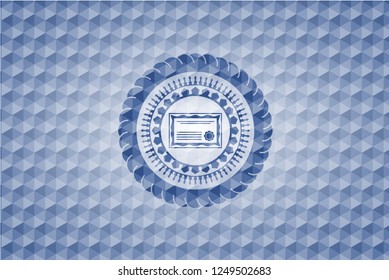 certificate icon inside blue emblem with geometric background.