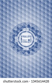 certificate icon inside blue emblem or badge with abstract geometric polygonal pattern background.