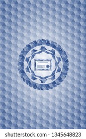 certificate icon inside blue emblem with geometric pattern background.
