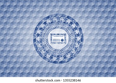certificate icon inside blue emblem or badge with abstract geometric polygonal pattern background.
